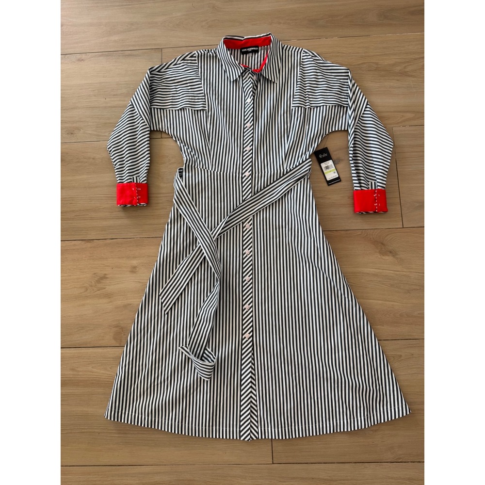 Karl Lagerfeld Paris Women Black White Striped Belted Midi Shirt Dress Red Trim